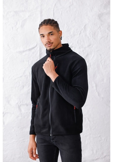 Monox Erkek Biyeli Fermuarlı Spor Polar Ceket Siyah