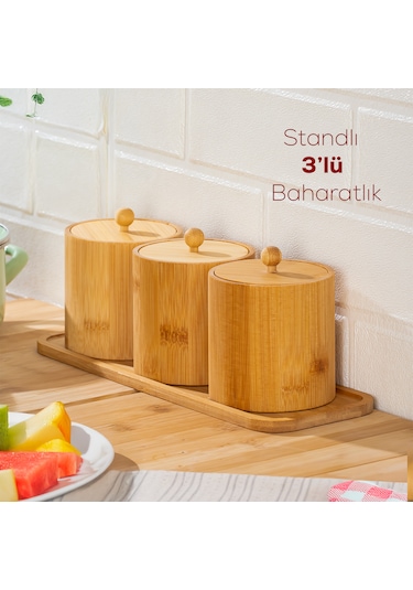 Porsima Pbt-604 Bambu Çok Amaçlı Standlı Saklama Kabı Organizer 4 Parça Baharat Seti Bambu