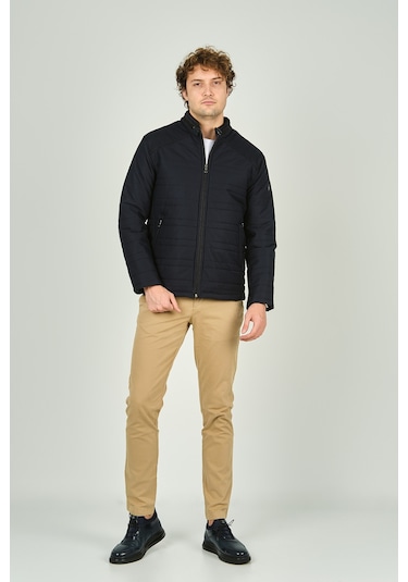 Lucas Erkek Dik Yaka Deri Biyeli Çift Cepli Mont 4707 Lacivert Lacivert