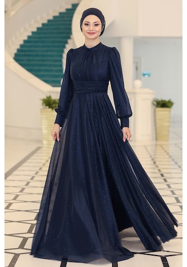 Raika Moda Şık Tasarım Tül Kübra Abiye Lacivert