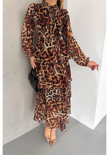 Neşeli Butik Kadın Eteği Kat Kat Leopar Desenli Şifon Elbise Nbkklf2036 Kahverengi