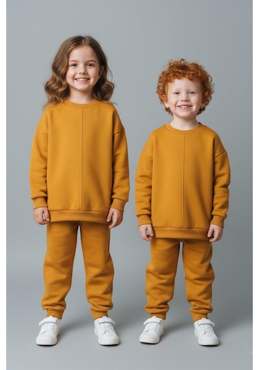 Unisex Çocuk Dikiş Detaylı 3 İplik Hardal Alt Üst Takım Hardal