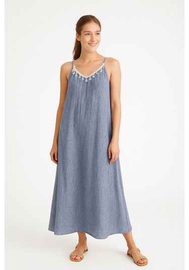 Aclassics Kadın Mavi Askılı Uzun Keten Dokulu Rahat Elbise