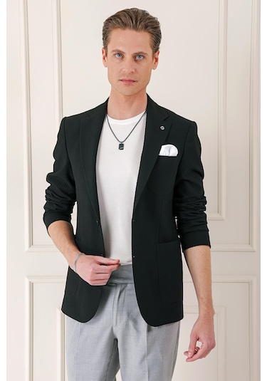 Comfort Fit Torba Cep Şeritli Dokuma Pamuk Casual Siyah Ceket C 670 Siyah