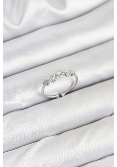 Pirinç Gümüş Renk Minimal Yonca Detaylı Kadın Yüzük Çok Renkli