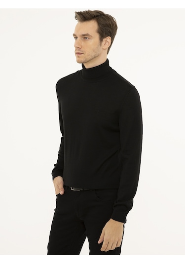 Cacharel Siyah Slim Fit Balıkçı Yaka Basic Triko Kazak