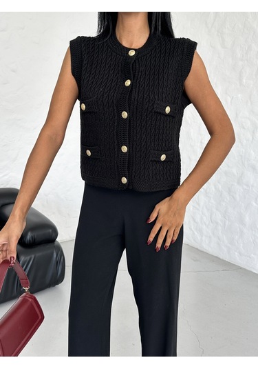 Kadın Gold Düğmeli Triko Yelek Siyah