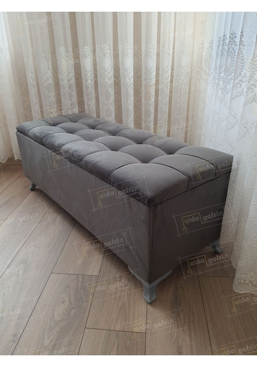 Çizgi Kapitoneli Sandıklı Puf 110 Cm Gümüş Ayak Antrasit