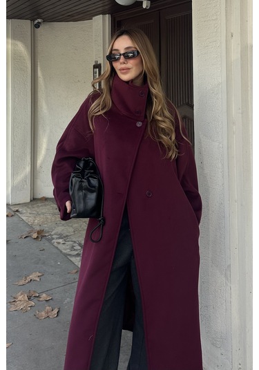 Bordo Vittoria Düğmeli Yaka Kaban - 2511 Bordo