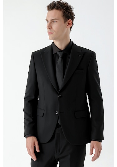 Morven Erkek Basic Düz Slim Fit Takım Elbise Gömlek + Kravat -  Siyah