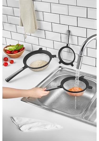 Tencereye Takılabilen 3'lü Tel Süzgeç Seti 14cm-17cm-22cm Siyah