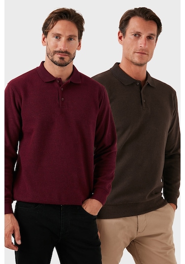 Buratti Pamuk Karışımlı Regular Fit 2'Li Paket Erkek Polo Yaka Kazak 456223S2 Kahve-Mürdüm