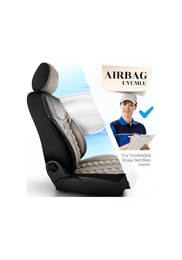 Panda Berlin Serisi Jakar Kumaş Oto Koltuk Kılıfı - Bej - Siyah