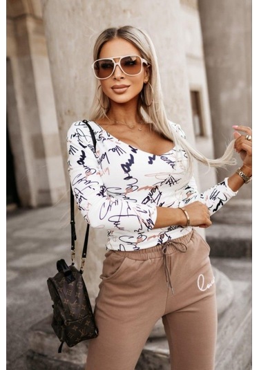 Kadın Uzun Kollu V Yaka Desenli Mikro Kumaş Bluz Desen3