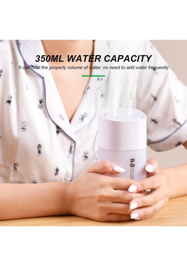 Vkemall 350ml Beyaz Usb Çift Fıçılı Nemlendirici - Araç/ev/ofis Kullanıma Uygun, Renkli Gece Işığı, 100-110ml/saat Buhar Miktarı