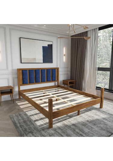 Orion Model Lacivert Renk Puflu Başlıklı Ceviz Renk Çam Ahşap Karyola Ve İki Komodin Set-230 160 x 200 CM