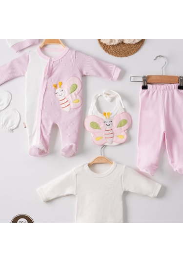 Candar 3 Ay Kelebek Nakış Puanlı Tulumlu Kız Bebek 5'li Set Pembe Pembe