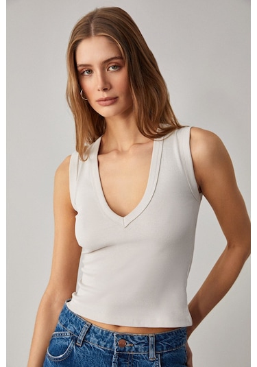 GRIMELANGE Lescosa Kadın Slim V Yaka Kolsuz Taş Rengi T-shirt Taş Rengi Taş