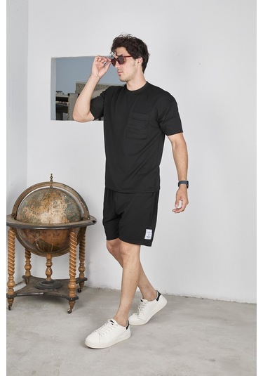 Oversize Krep Kumaş Siyah Renk Şortlu Takım-1611 Siyah