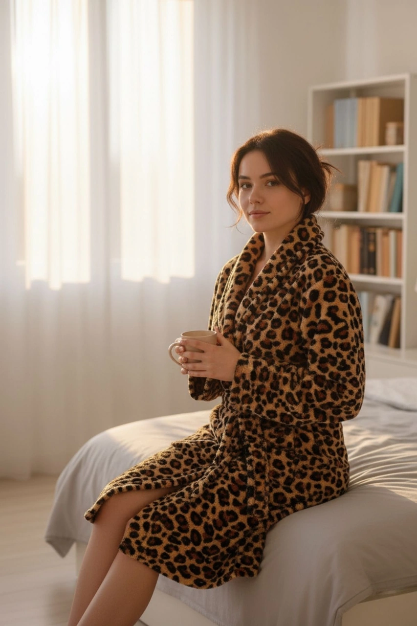 Lumor Şal Yaka Wellsoft Peluş Yumuşak Sabahlık Leopar Leopar