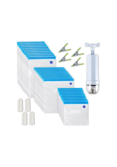 Ximistore9 Pompalı Vakumlu Gıda Saklama Poşeti Seti - 30 Parça, Çift Fermuarlı, Hava Geçirmez, Pratik Kullanım