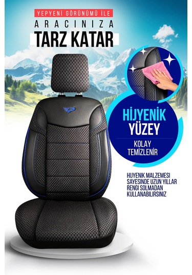 Siyah - Mavi Panda Dragon Serisi Dokuma Kumaş Oto Koltuk Kılıfı - Tam Set
