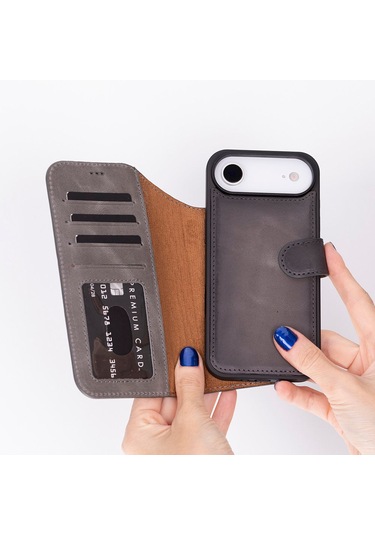 Bloomcase Magic Wallet Ash Mist Gray Hakiki Deri İphone Uyumlu 17 Air 6.5" Cüzdanlı Telefon Kılıfı Gri