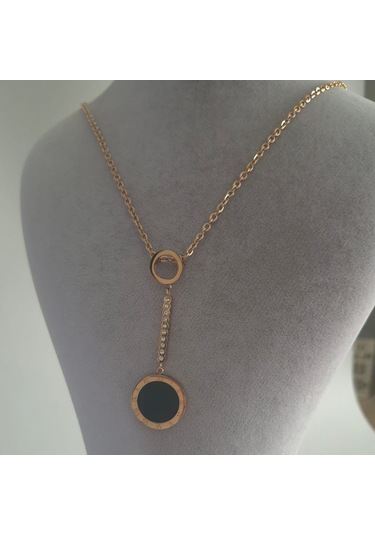 Çelik Rose Renk Roma Rakamlı Uzun Kadın Kolye