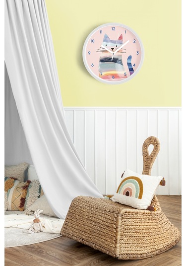 Renkli Kedi Tasarım Modern Duvar Saati - Çocuk Odası Duvar Saati - 35cm - Önü Camlı Beyaz Kasa Beyaz