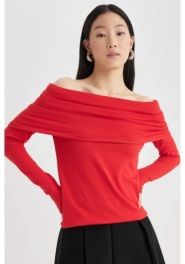 DeFacto Fitted Açık Omuz Triko Kırmızı Kazak D0049AX24SPRD227 Kırmızı