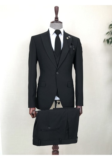 İtalyan stil ceket yelek pantolon takım elbise Siyah T8614 Siyah