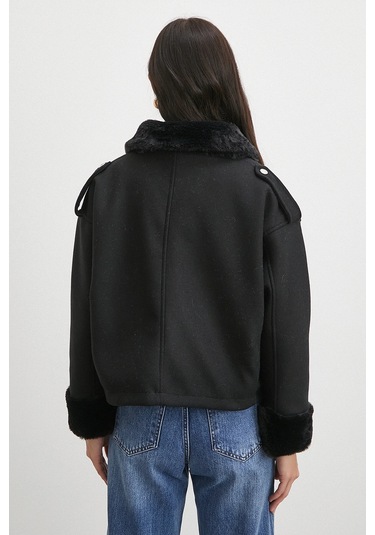 Apoletli Yünlü Körük Cepli Kaşe Mont Siyah Siyah