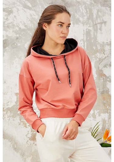 Tommy Life Pudra Uzun Kol Rahat Form Kapüşonlu Kadın Sweatshirt - 97115 Pudra