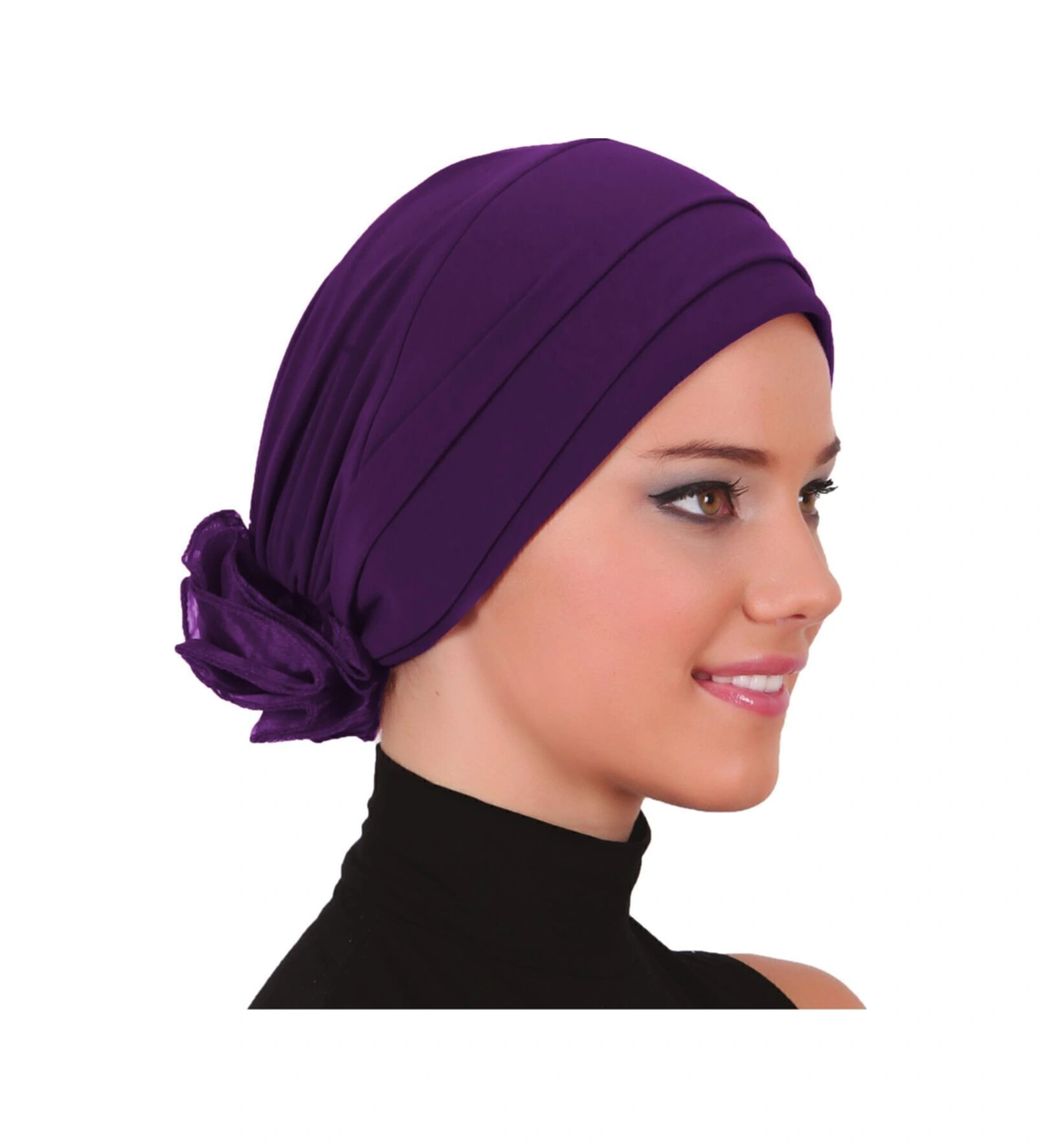 Katlı Arkası Organze Güllü Mor Hazır Türban Tesettür Bone Mor