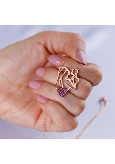 Gümüş Kalpli Anne Çocuk Kolyesi (141346270)