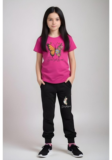 Don't Just Fly Baskılı Kız Çocuk Tişört Ve Eşofman Alt-üst Takım Fuşya
