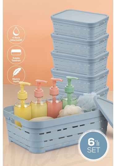 Vienev 6'lı Kapaklı 8,2 Litre Delikli Saklama Kutusu Mavi Mavi