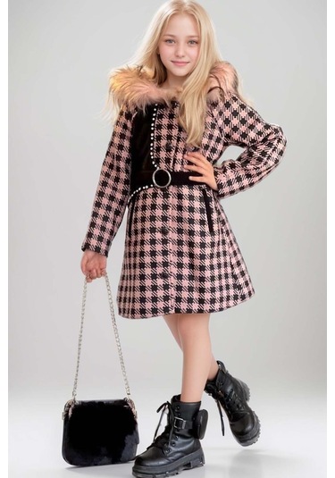 Riccotarz Kız Çocuk Kapüşonlu Peluş Detaylı Kare Desenli Pembe Kaban Pembe