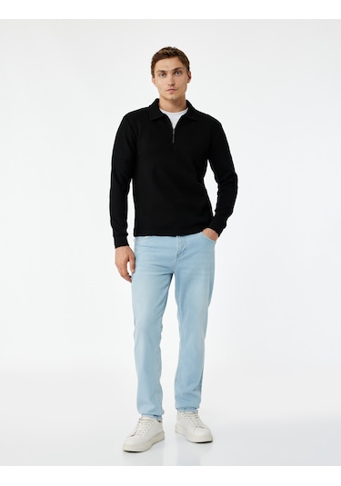 Koton Uzun Kollu Basic Dokulu Yarım Fermuarlı Polo Yaka Sweatshirt Siyah 6wam70023mk Siyah