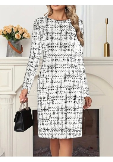 Kadın Uzun Kollu Bisiklet Yaka Desenli Dalgıç Kısa Elbise Beyaz