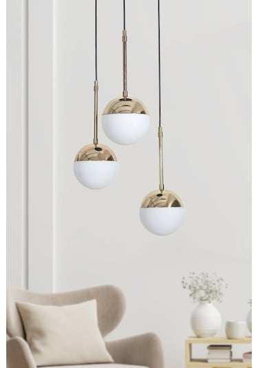 Nova 3 Lü Krom-siyah Metal Gövde Beyaz Camlı Tasarım Lüx Sarkıt Avize - Gold - Beyaz Füme - Krom