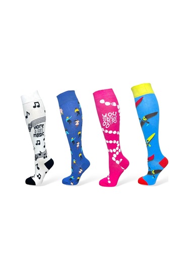 4'lü Unısex Müzik Notası, Dans, Pembe Ve Mavi Tasarımlı Esnek Nem Alabilen Pamuklu Diz Üstü Çoraplar Çok Renkli