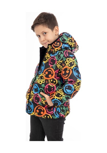 Erkek Çocuk Gülen Emoji İçi Polarlı Kürklü Su Ve Rüzgar Geçirmez Kapüşonlu Cepli Kışlık Şişme Çok Renkli