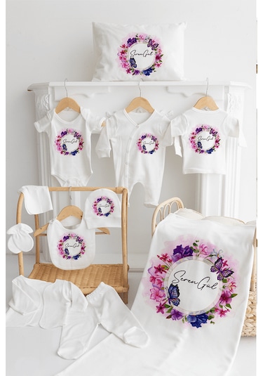 Bebewini Organik Pamuk Baskılı 11'li Isimli Bebek Hastane Çıkışı Ekru