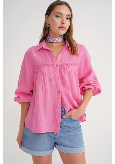 4677 Kadın Dantel Detaylı Müslin Gömlek Pembe Pembe