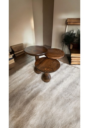 Wood Ahşap 3 Lü Set Vazo Model Mantar Yan Sehpa / Ceviz