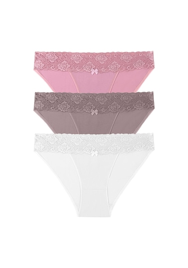 Suwen 3 Lü Dantel Koton Slip Külot St004760140 Ekru - Vizon - Pembe
