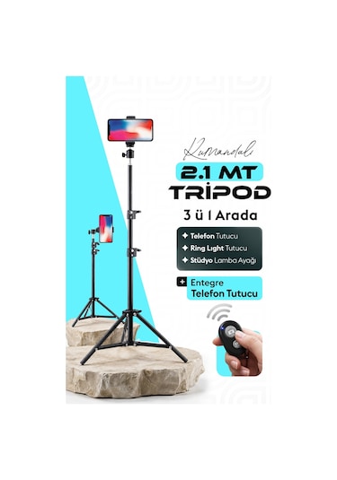 Bluetooth Kumandalı Tripod 2.1 Mt 360 Döner Başlıklı Telefon Tutucu Ring Light Stüdyo Lamba Ayağı