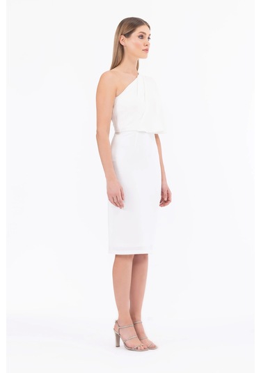 Kadın Asimetrik Kesim Pelerin Kol Tek Omuz Abiye Elbise - Ekru Ekru