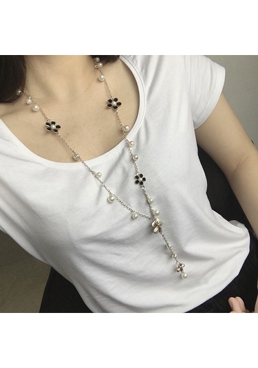 İnci Beş Yapraklı Çiçek Uzun Kolye Kadın Püskül Uzun Kazak Zinciri Beyaz Çok Renkli